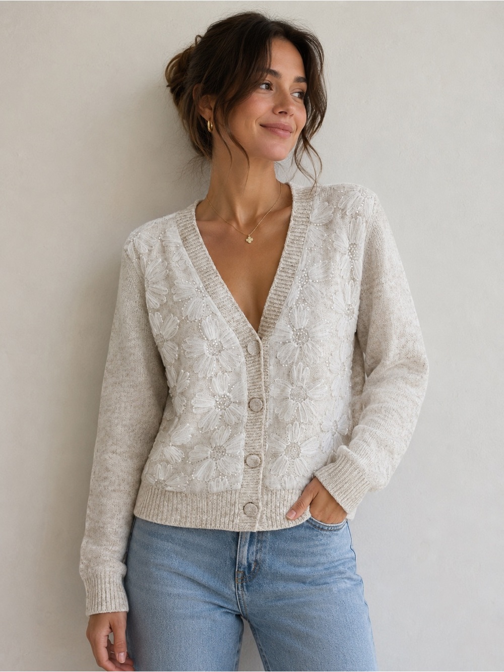 NWT Beautiful So Sweet Off White Wool Blend Floral Lace Cardigan Small Chic